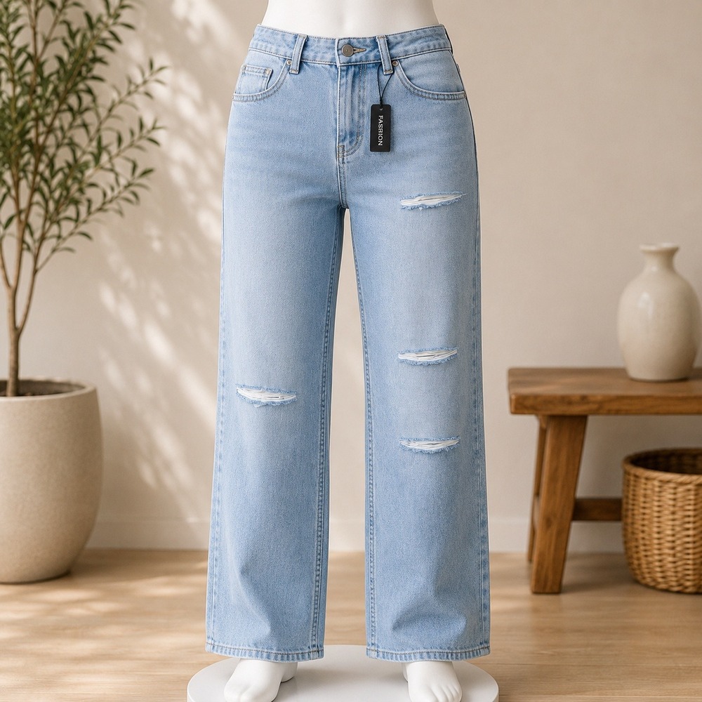 NWT PrettyLittleThing Straight Leg Jeans Womens 8 Light Blue Distressed Denim